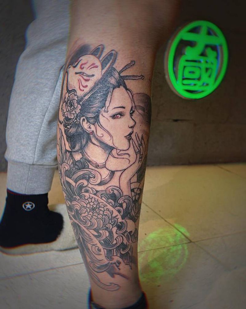 艺妓纹身图片_腿部新传统纹身图案