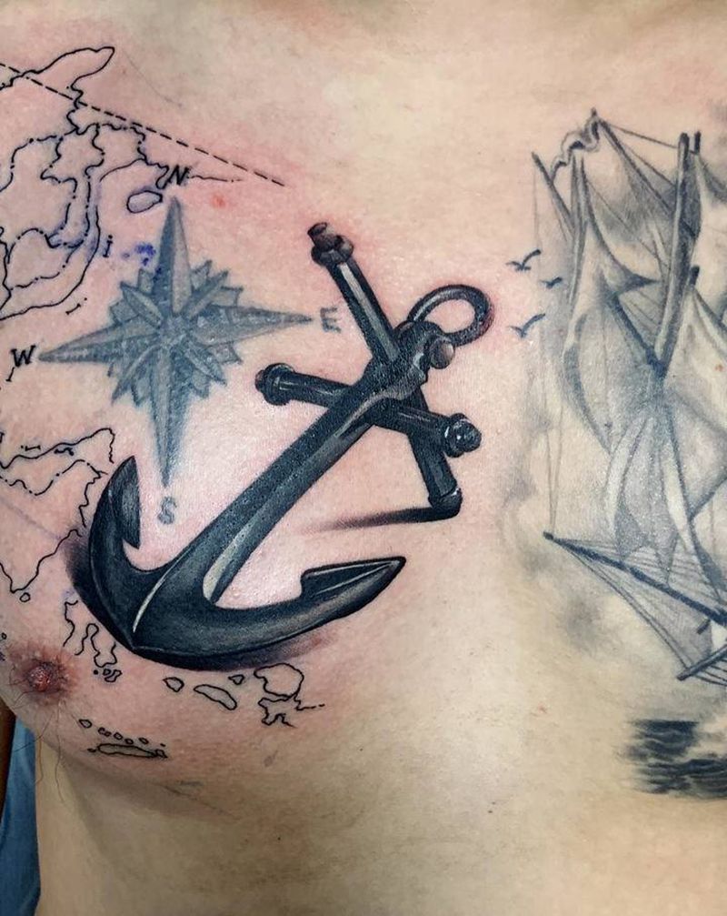 花胸纹身图片_胸部欧美写实点刺船锚地图纹身图案