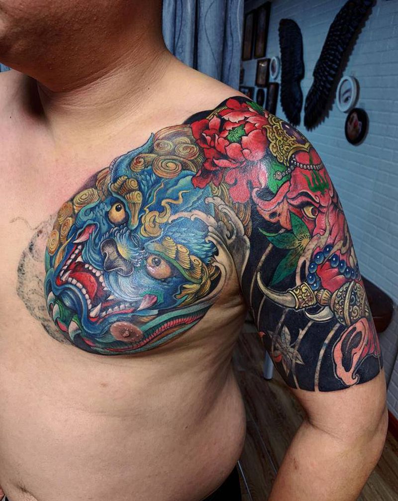 遮盖剩余部分洗掉纹身图片_唐狮象神纹身图案