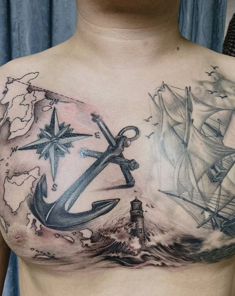 船灯塔锚纹身图片_胸部欧美写实船灯塔锚纹身图案