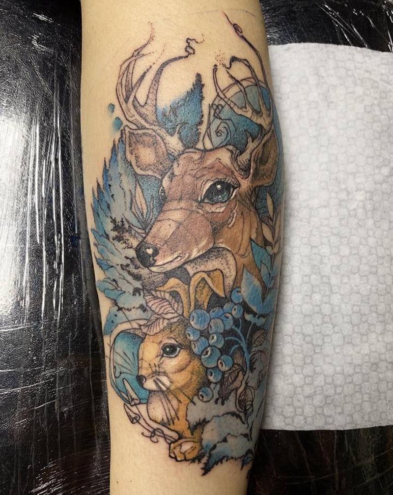 鹿和兔子纹身图片_手臂水墨欧美写实鹿和兔子纹身图案