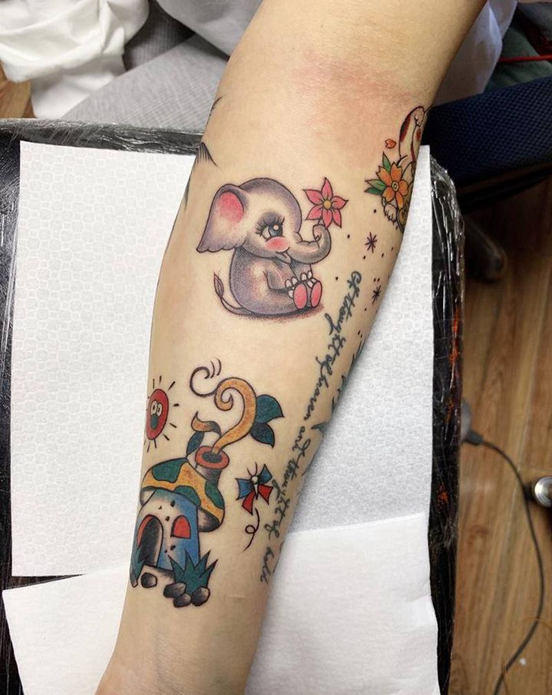 象猫鹿兔子纹身图片_手臂Old School鹿猫兔子象纹身图案