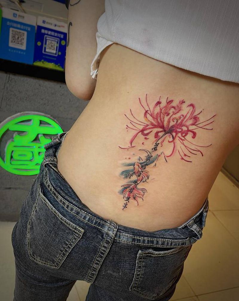 彼岸花覆盖疤痕纹身图片_腰部水彩纹身图案
