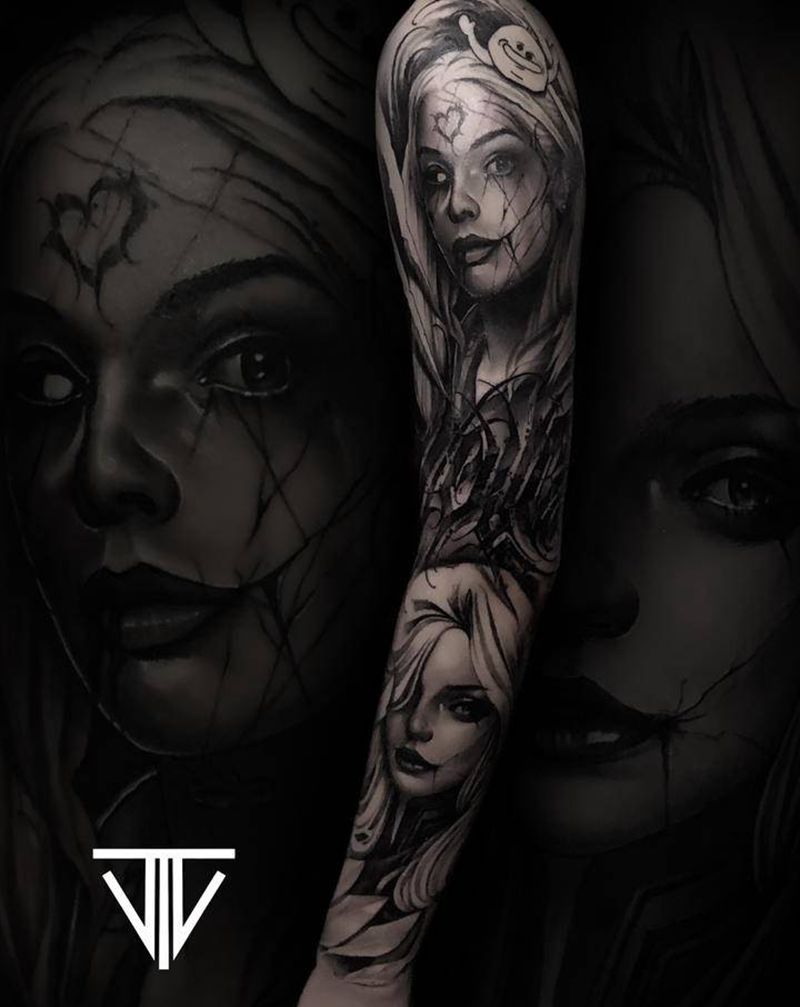 暗黑哈利奎因纹身图片_欧美写实花体字纹身图案