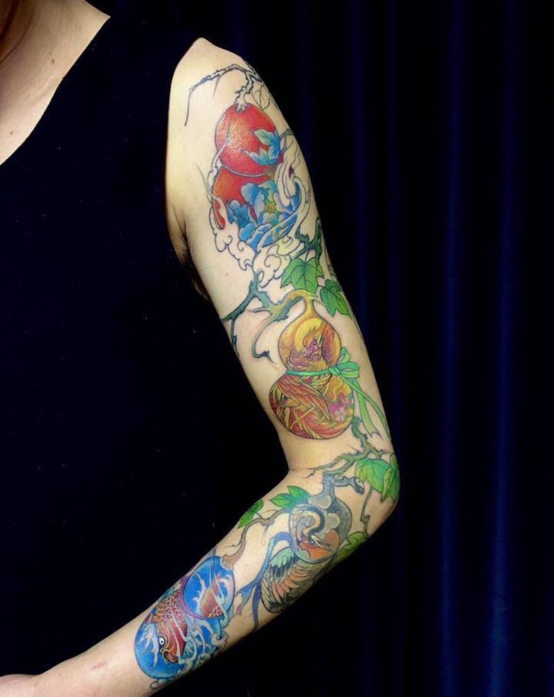 葫芦纹身图片_手臂新传统水彩纹身图案