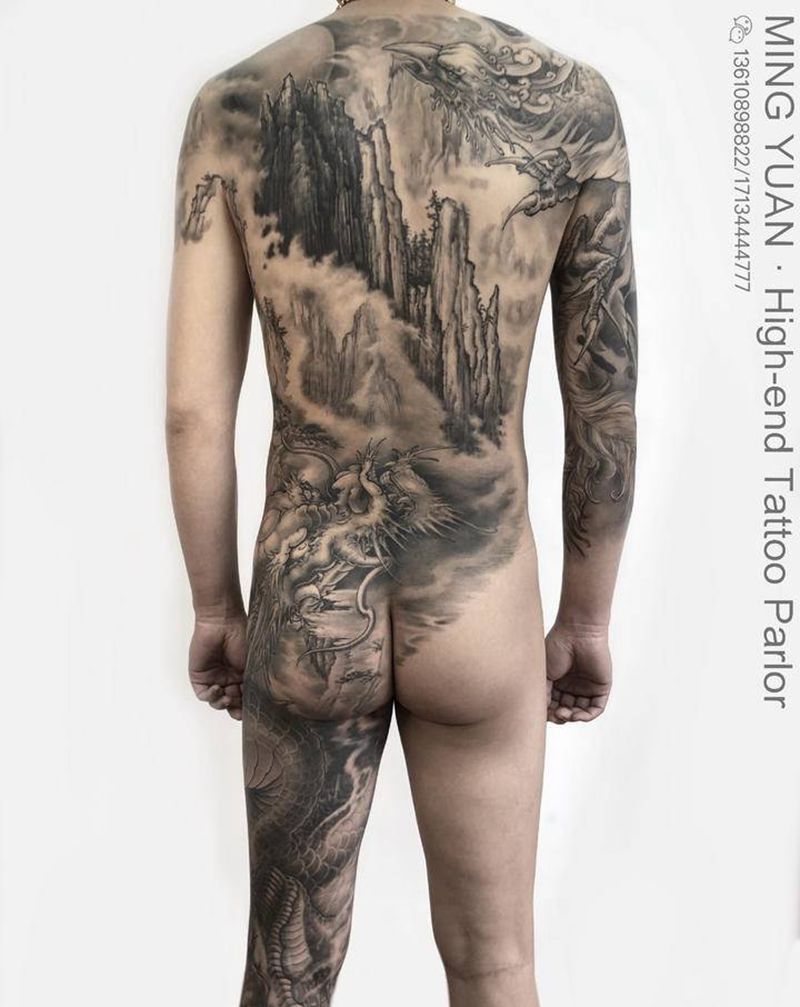 龙凤山水纹身图片_背部手臂新传统纹身图案
