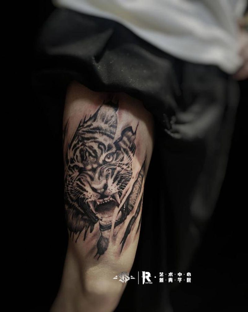 写实老虎纹身图片_腿部欧美写实纹身图案