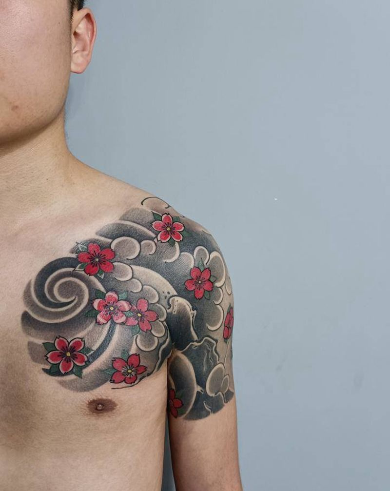 半甲纹身图片_手臂肩部老传统纹身图案