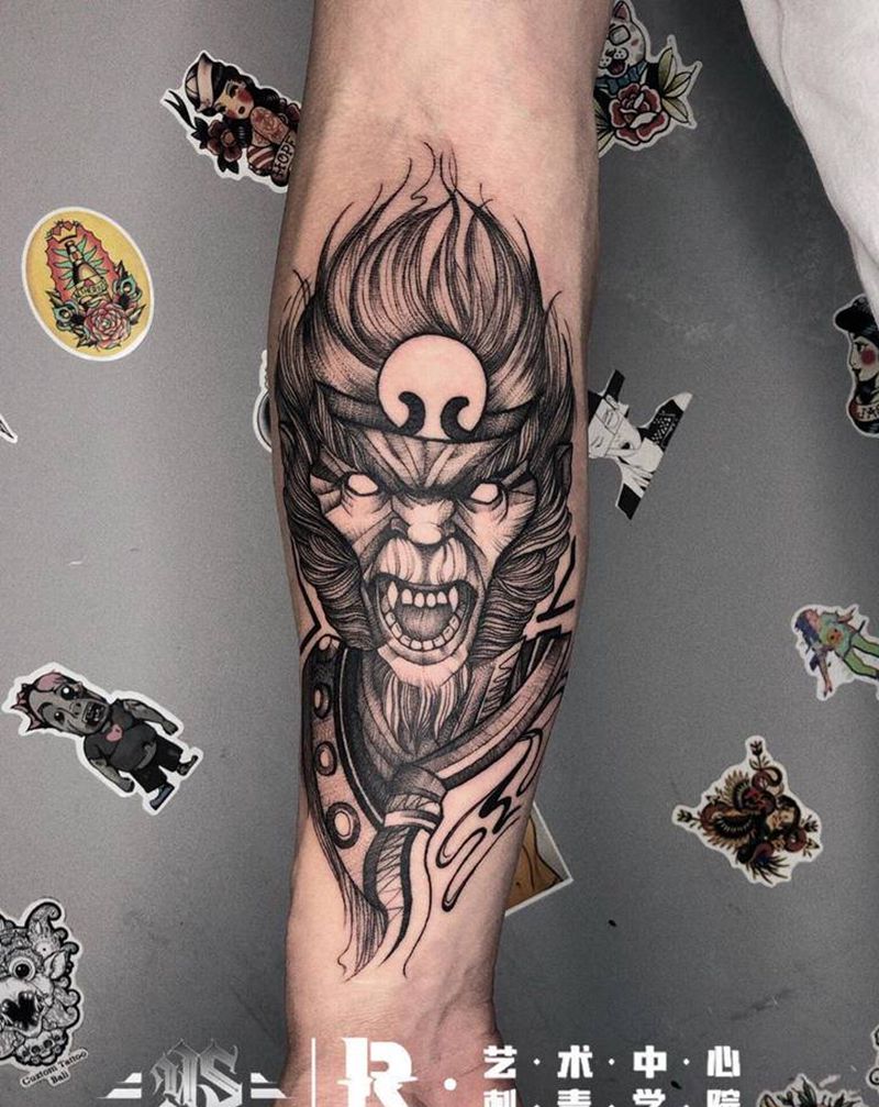 齐天大圣纹身图片_手臂新传统纹身图案