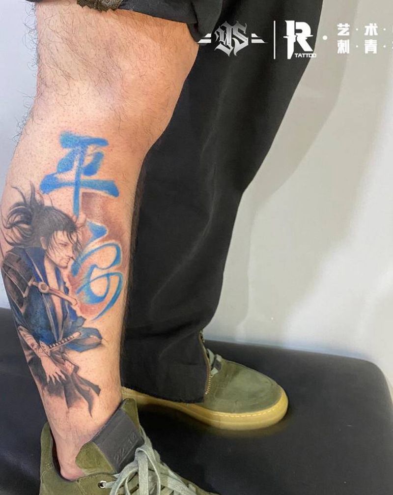 武士纹身图片_腿部纹身图案