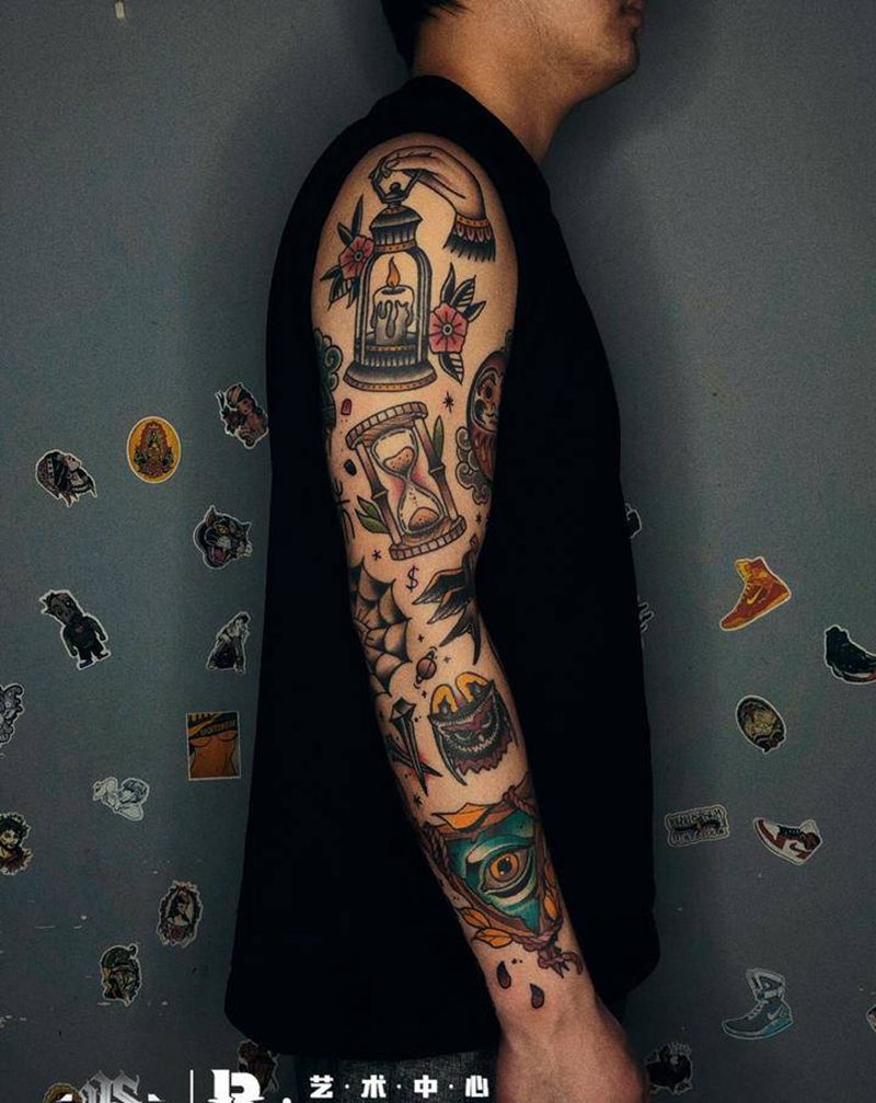拼接花臂纹身图片_手臂Old School纹身图案