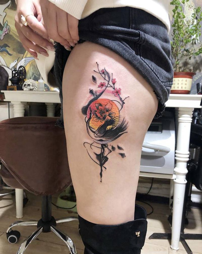 鹤纹身图片_腿部水彩水墨鹤纹身图案