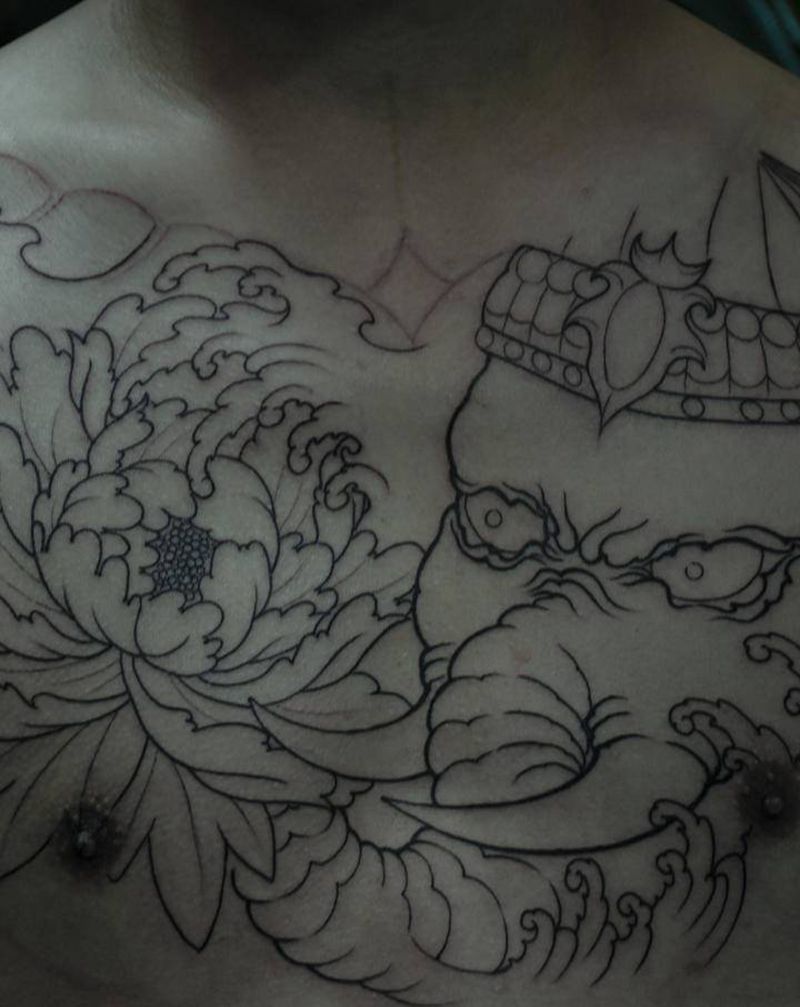 花胸七分袖纹身图片_胸部手臂新传统象神达摩蛋纹身图案