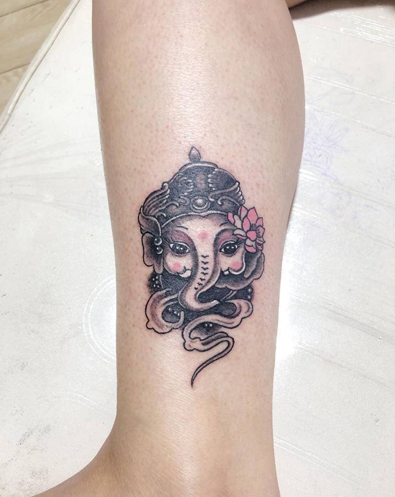 小象神纹身图片_腿部纹身图案