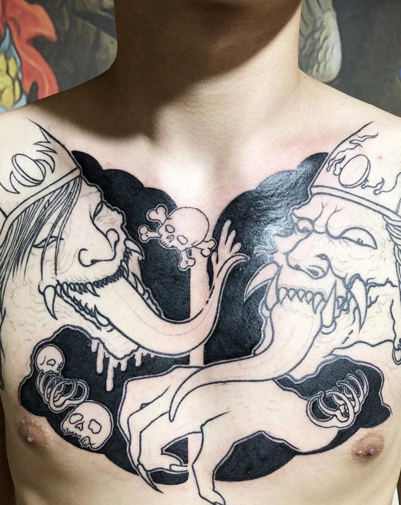 黑白无常纹身图片_胸部纹身图案