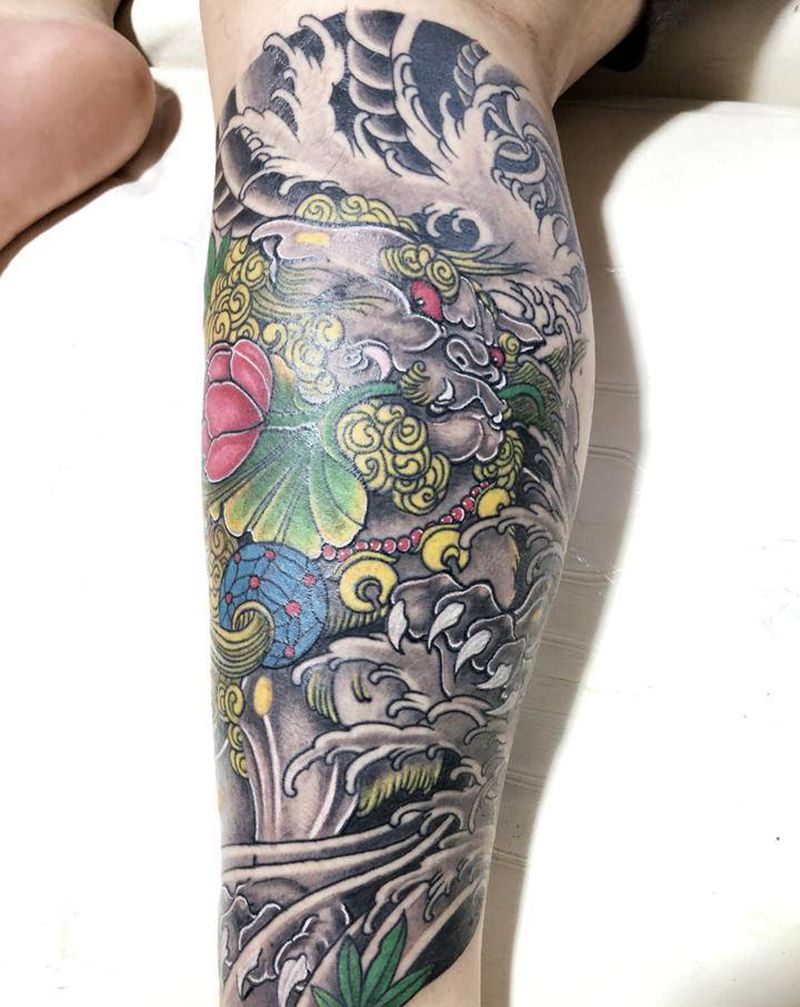 老传统唐狮纹身图片_腿部纹身图案