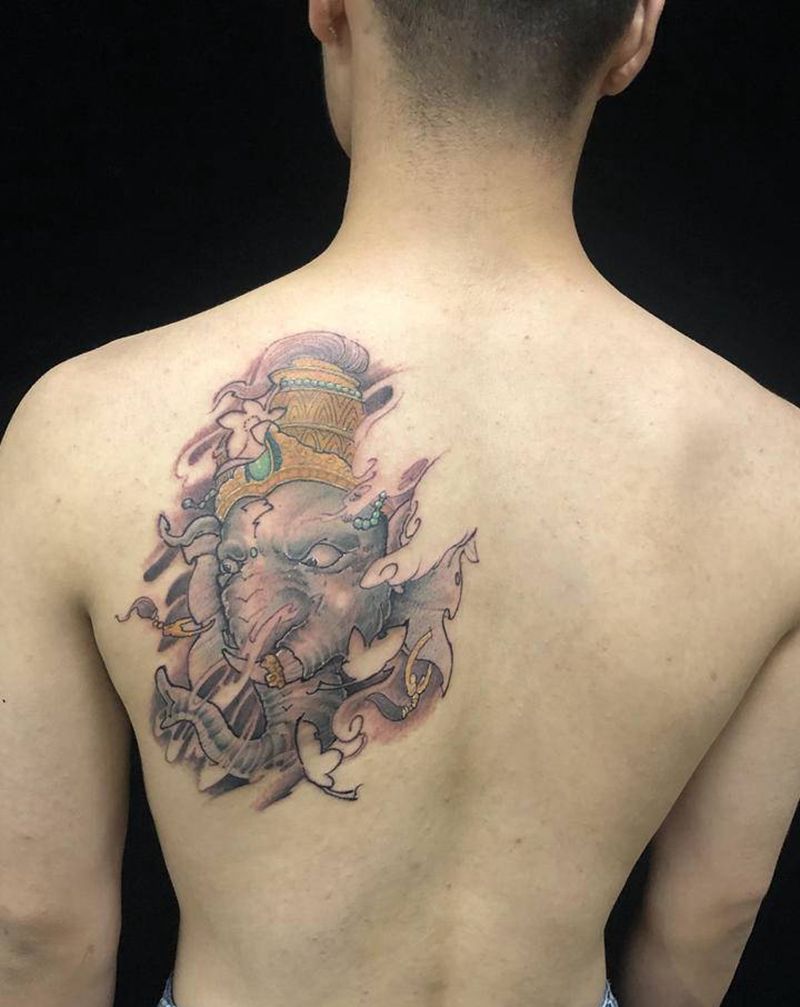 象神纹身图片_颈部背部新传统纹身图案