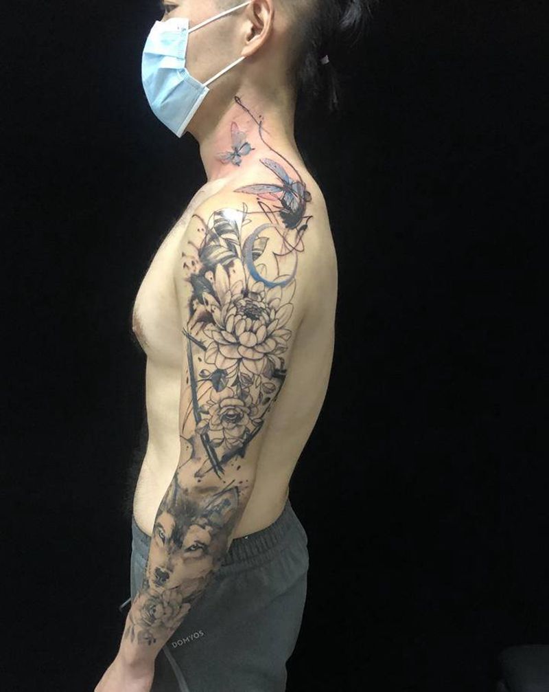 几何水墨花臂纹身图片_手臂水墨几何纹身图案