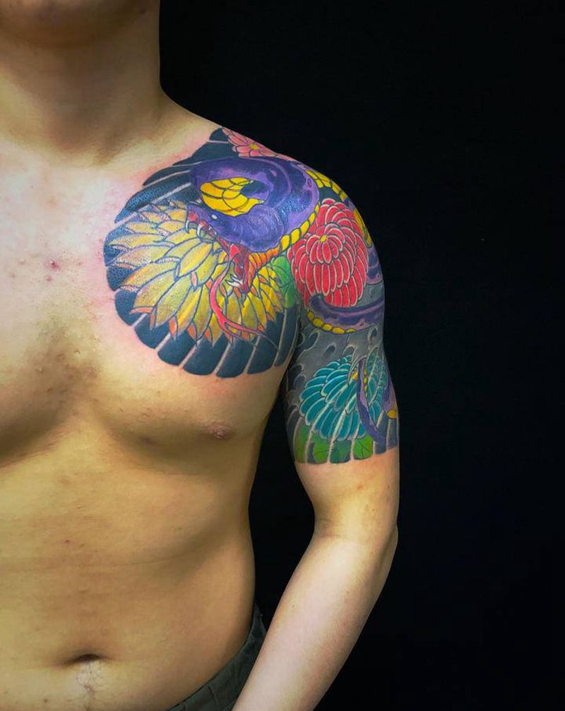 老传统半甲纹身图片_手臂胸部老传统纹身图案