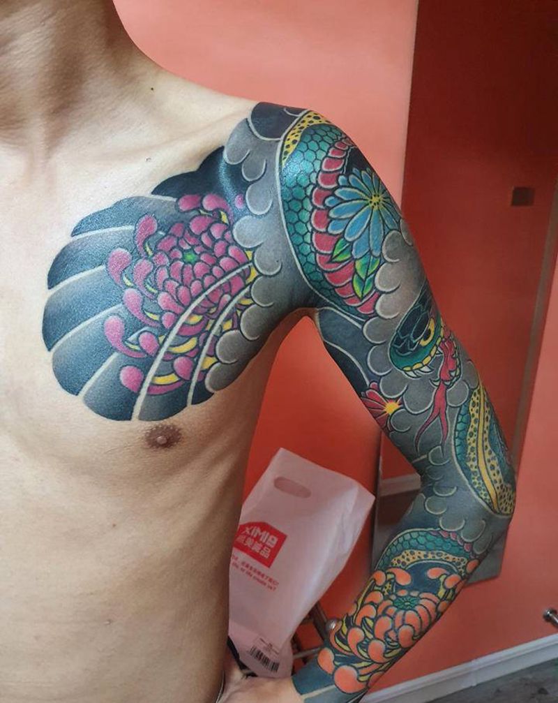 老传统花臂纹身图片_手臂老传统纹身图案