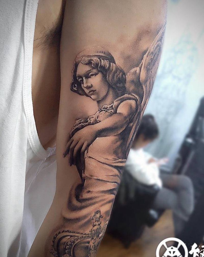 大天使纹身图片_手臂欧美写实天使纹身图案