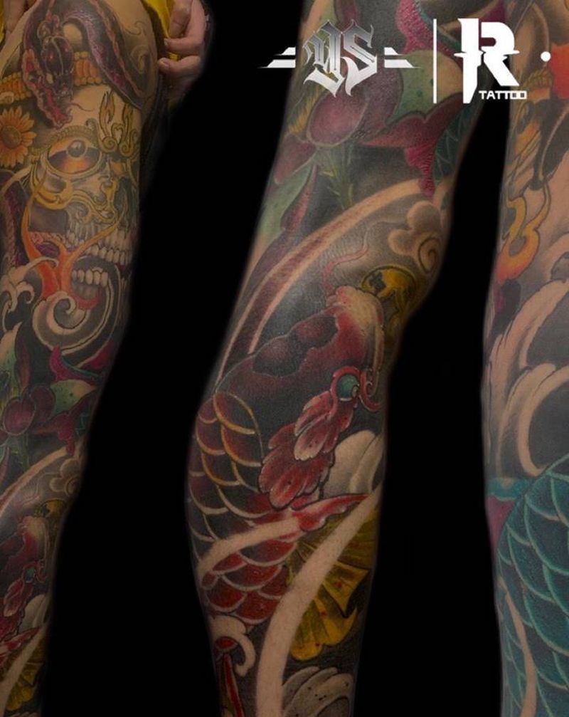 腿部遮盖新传统纹身图片_腿部新传统纹身图案
