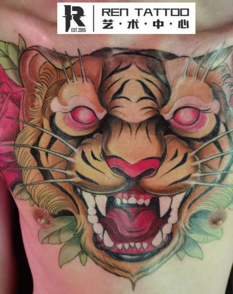 new school笑面虎纹身图片_胸部New School纹身图案