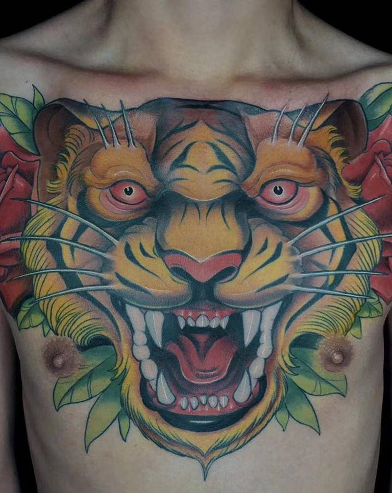 老虎new school纹身图片_胸部New School纹身图案