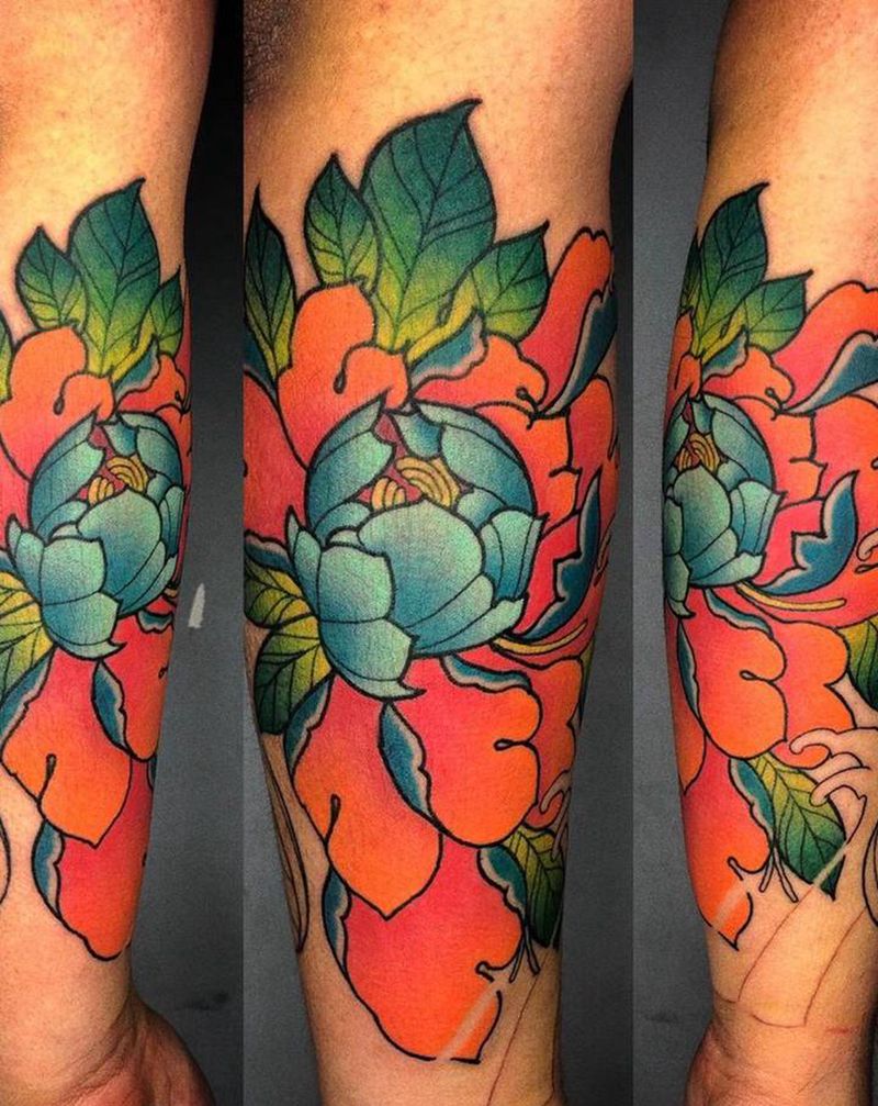 牡丹纹身图片_手臂Old School纹身图案
