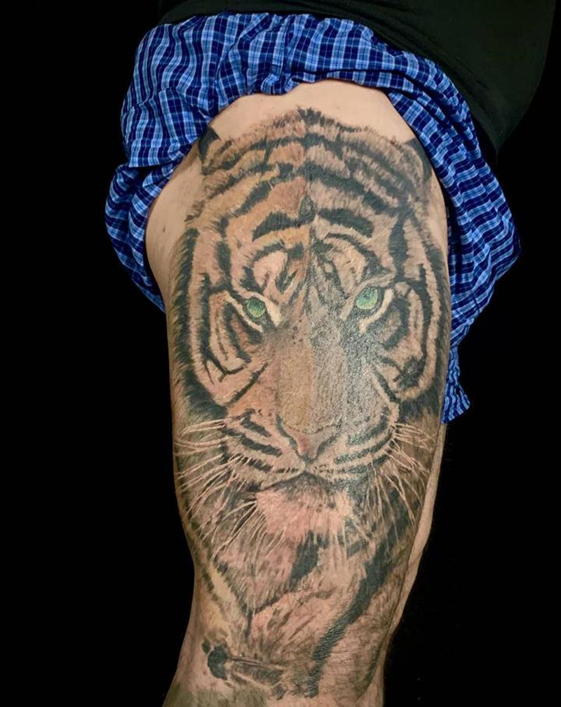 欧美写实老虎纹身图片_腿部欧美写实纹身图案