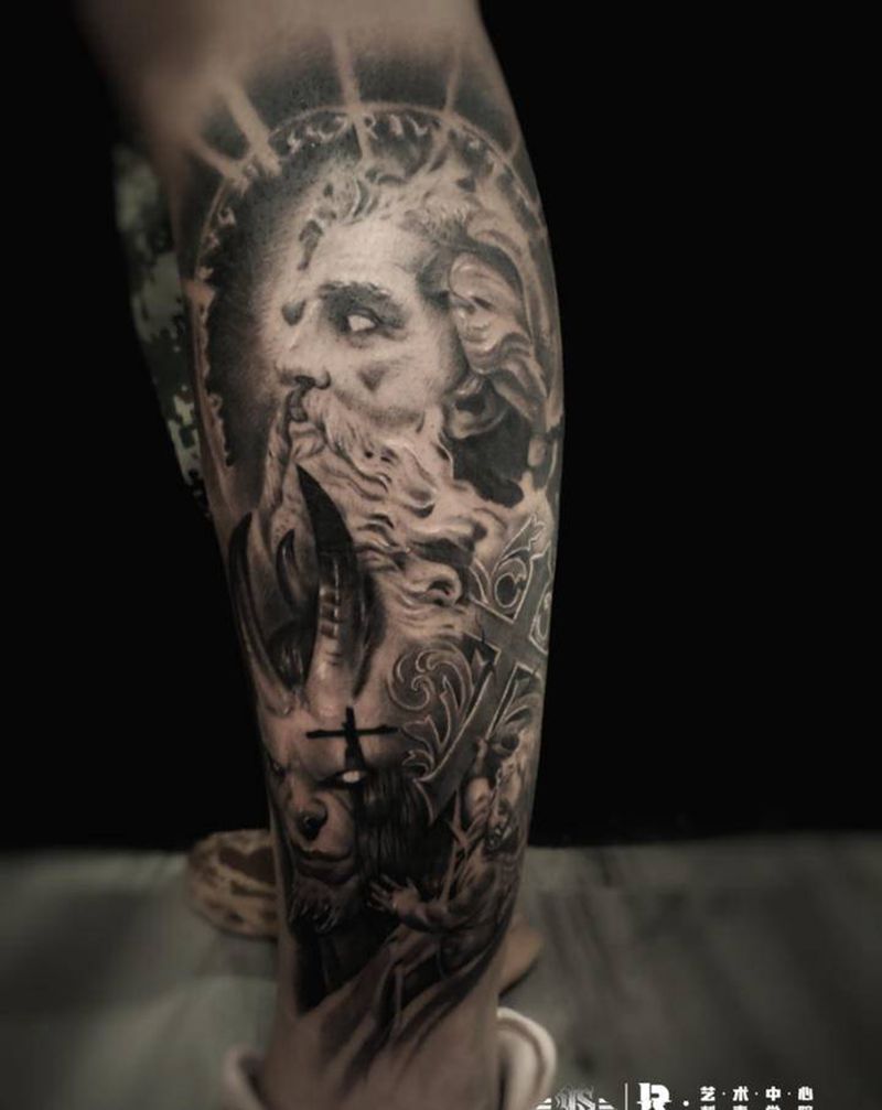 腿部写实纹身纹身图片_腿部欧美写实纹身图案