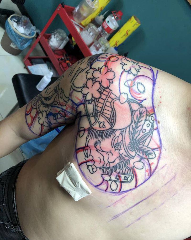 老传统半甲纹身图片_手臂胸部老传统纹身图案