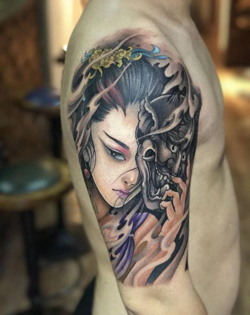 艺妓纹身图片_手臂新传统纹身图案