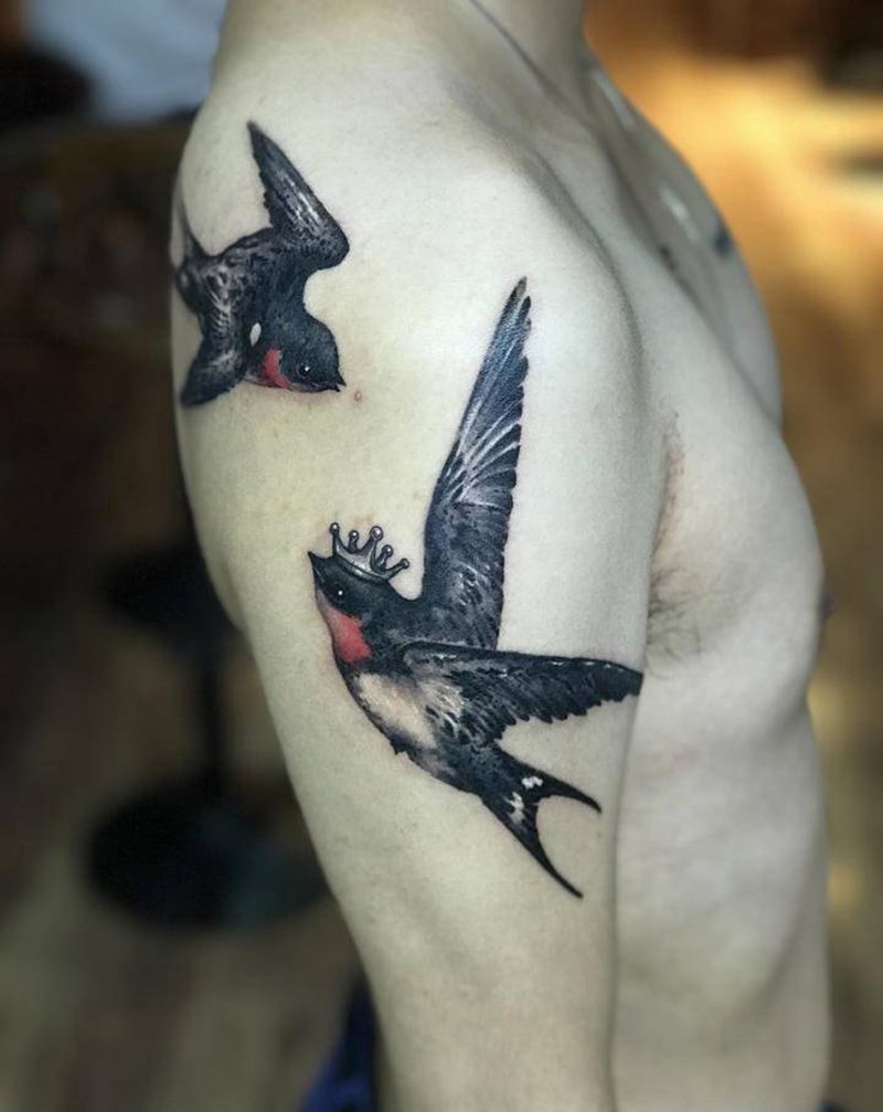 燕子纹身图片_肩部手臂欧美写实燕子纹身图案