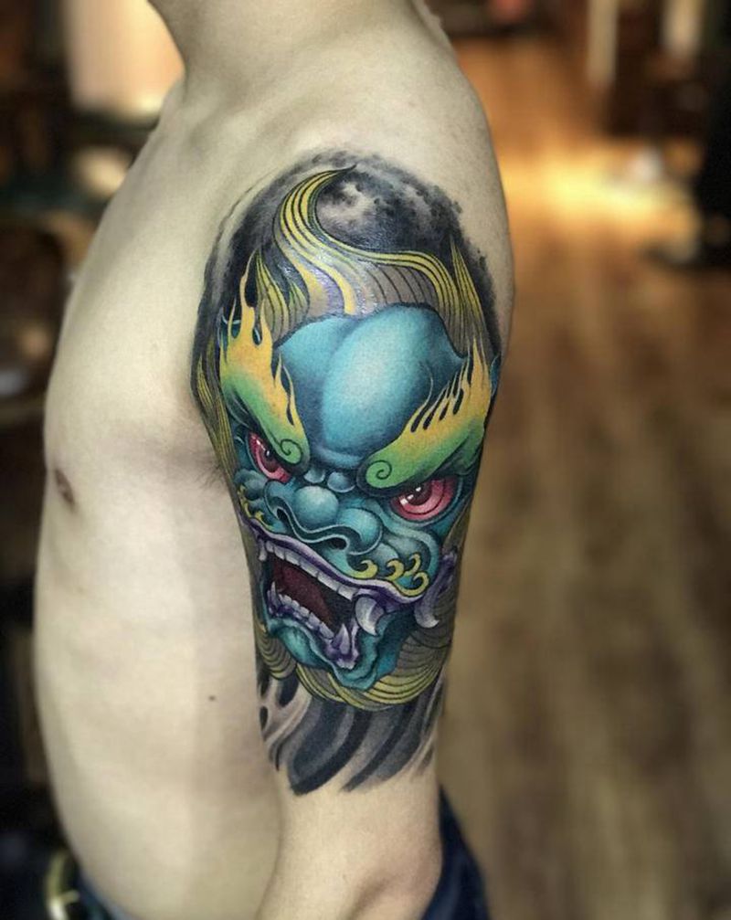 遮盖麒麟纹身图片_手臂新传统唐狮纹身图案