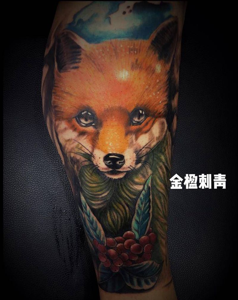 彩色小狐狸纹身图片_脚部腿部水彩新传统彩色小狐狸纹身图案