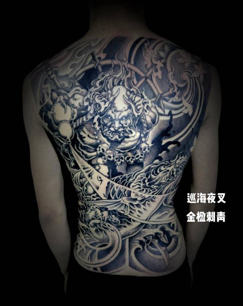 巡海夜叉纹身图片_背部腰部新传统老传统夜叉鱼纹身图案