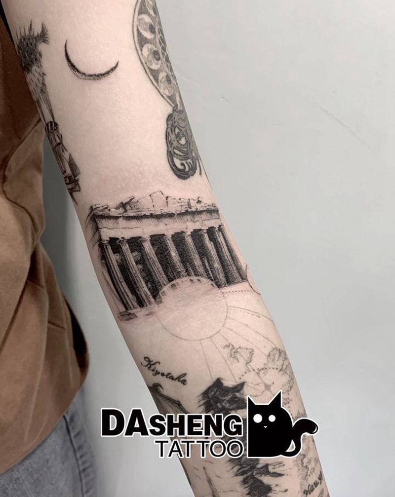 帕加农神庙纹身图片_手臂点刺小写实纹身图案