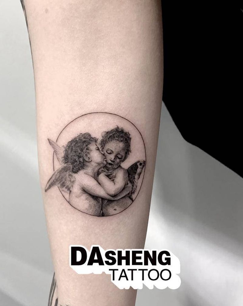 你的天使纹身图片_手臂点刺天使纹身图案