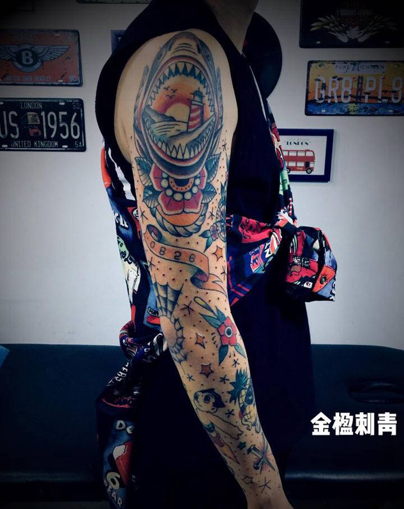school 拼接花臂纹身图片_手臂肩部New SchoolOld School纹身图案