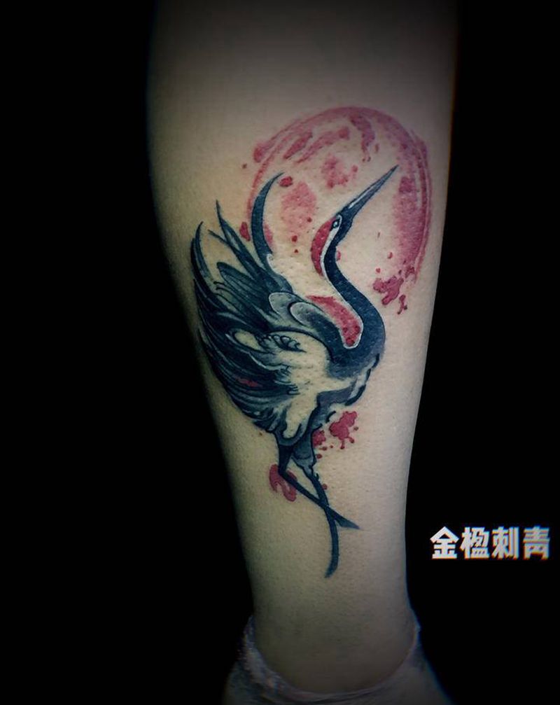 鹤纹身图片_手臂腿部水墨水彩纹身图案