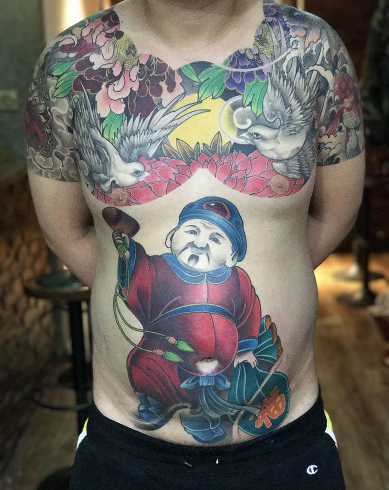 大黑天财神纹身图片_胸部腹部新传统纹身图案