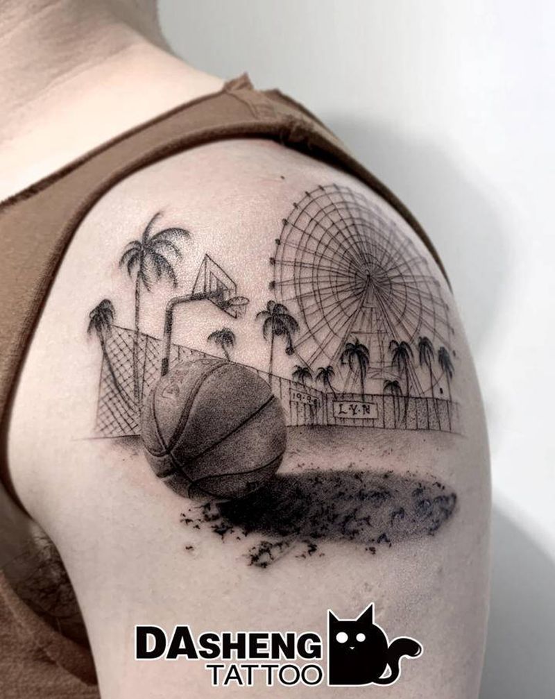 小皮球纹身图片_肩部点刺篮球纹身图案