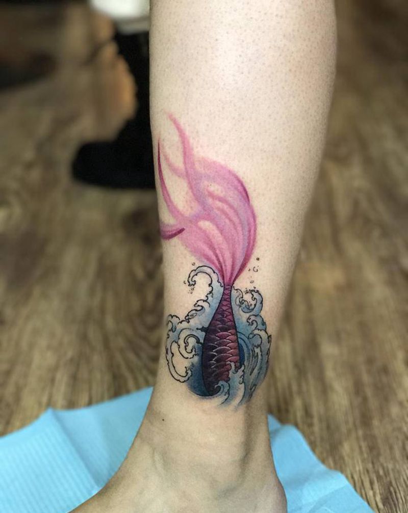 鱼尾遮盖纹身图片_腿部Old School纹身图案