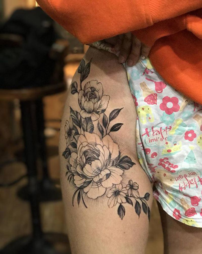 素花纹身图片_腿部点刺纹身图案