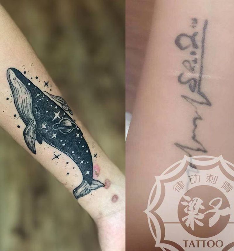 鲸鱼遮盖纹身图片_手臂点刺纹身图案