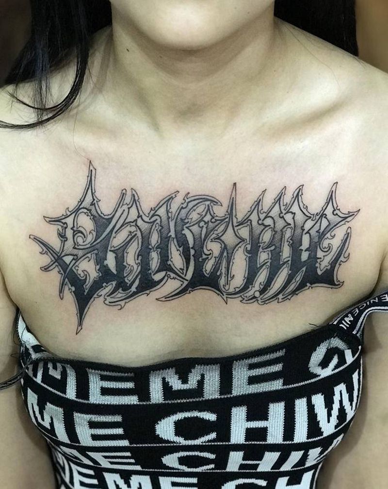 花体英文纹身图片_胸部花体字纹身图案