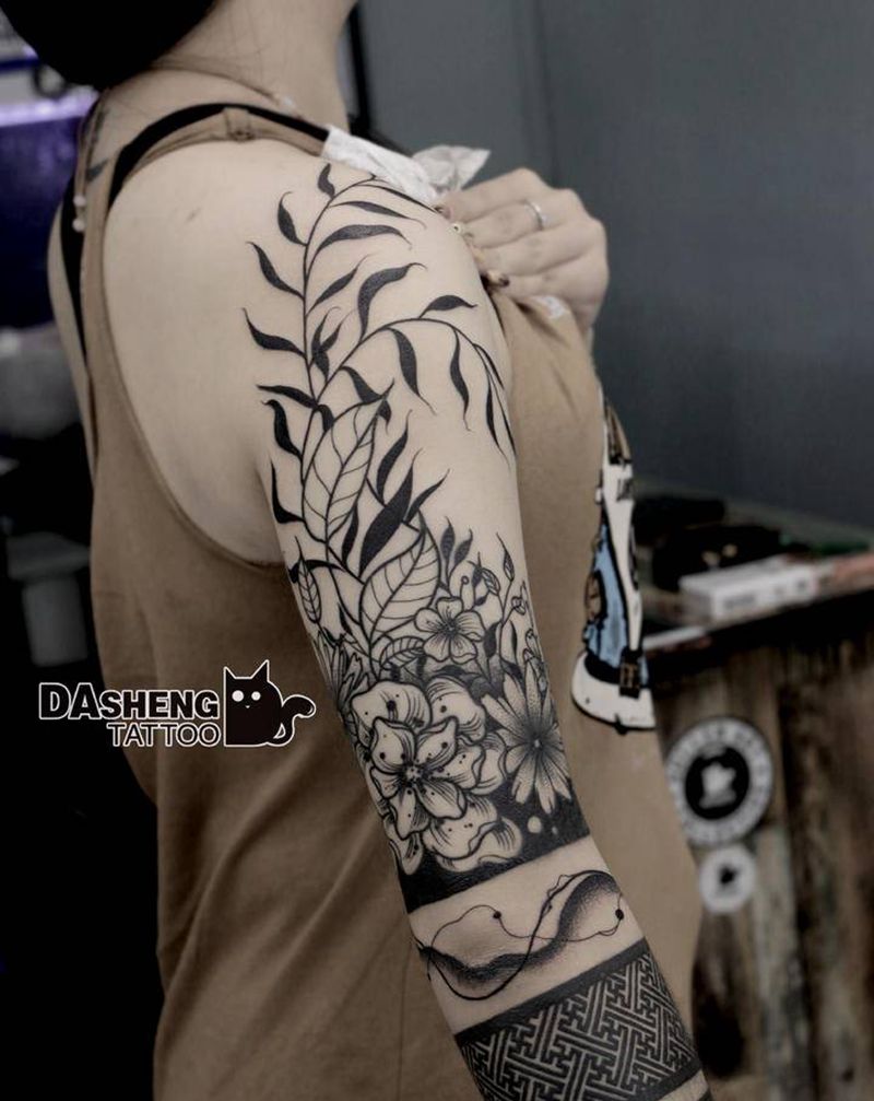 花花草草纹身图片_手臂点刺纹身图案