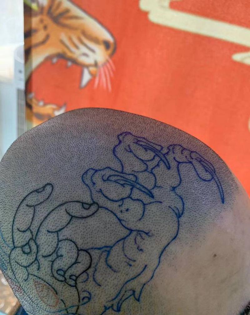 龙爪爆头纹身图片_新传统老传统头部纹身图案