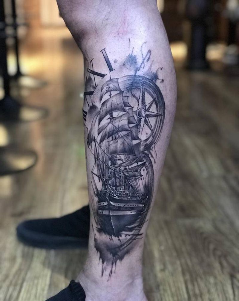 帆船纹身图片_腿部纹身图案